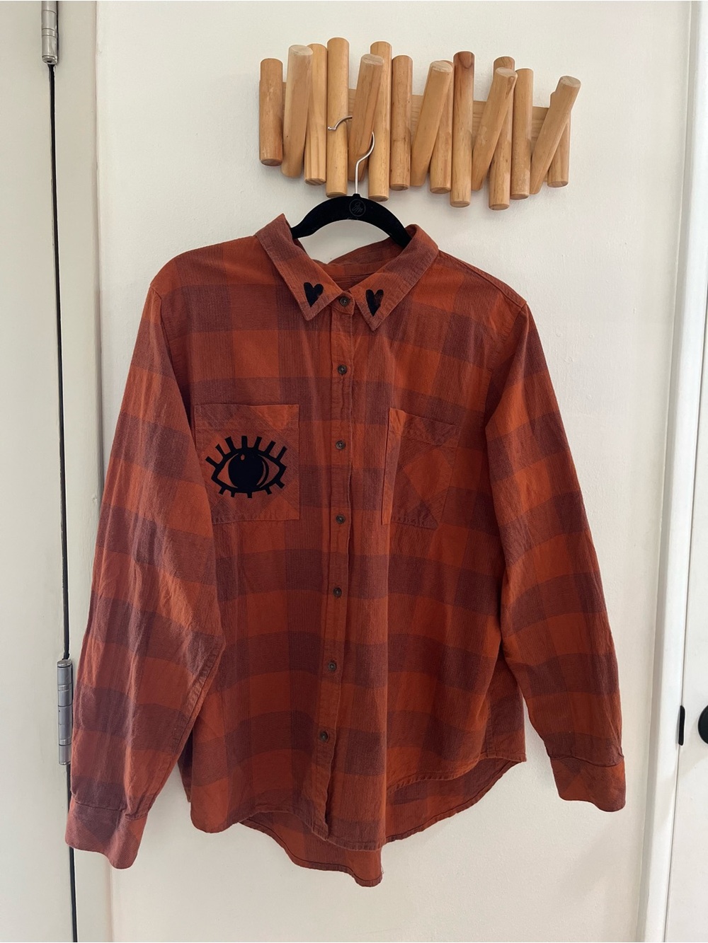 Upcycled Long Sleeve Plaid Shirt with Original Art